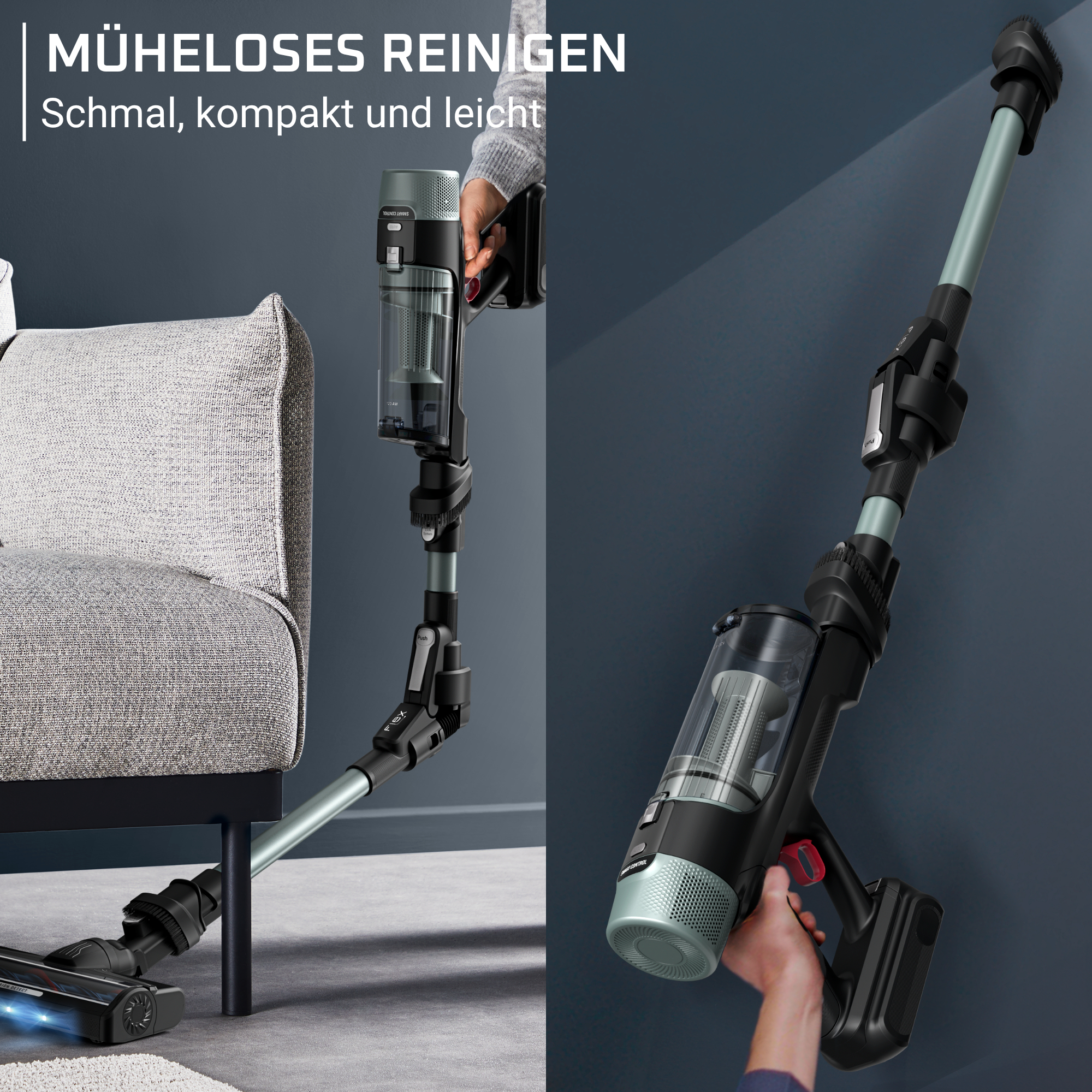 Ein Handstaubsauger wird unter einem grauen Sofa und an einer Wand gezeigt.