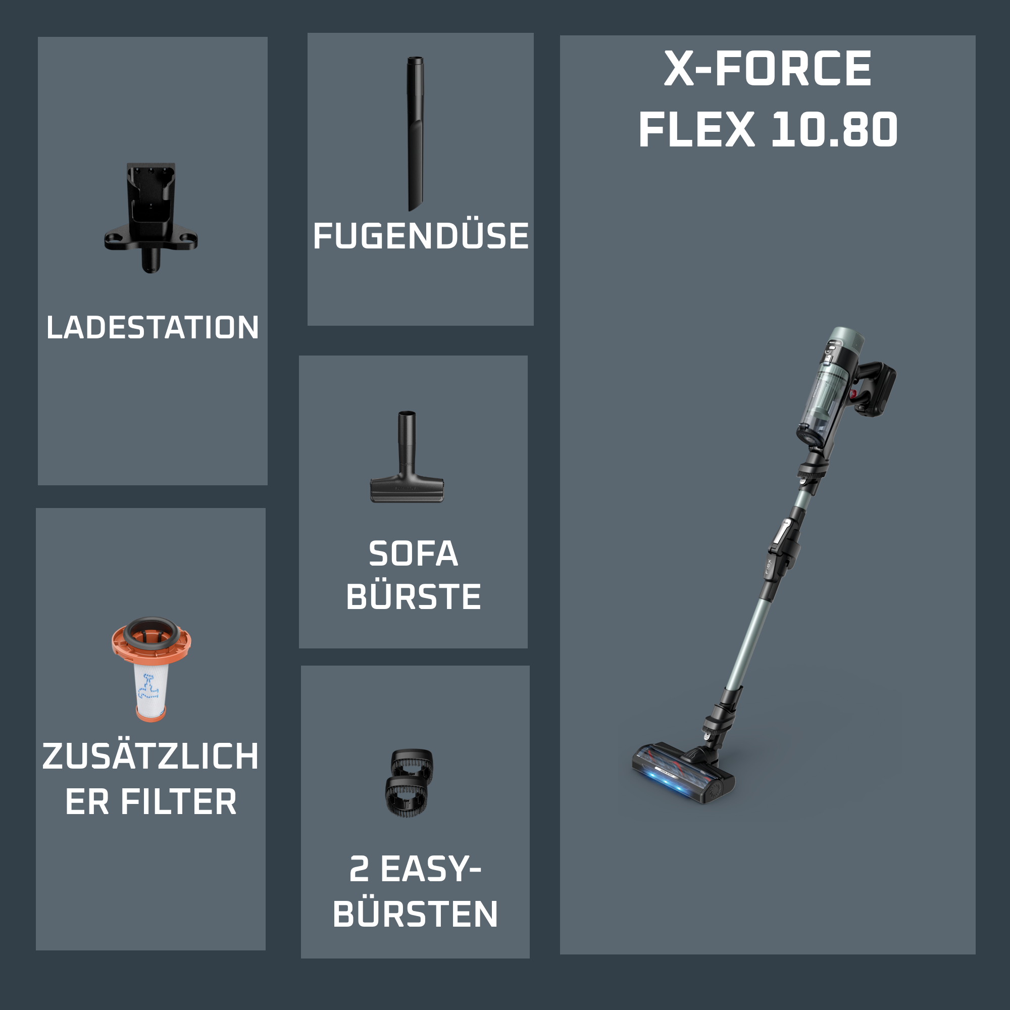 X-Force Flex 10.80 Staubsauger mit Zubehör: Ladestation, Fugendüse, Sofabürste, Filter, 2 Bürsten.