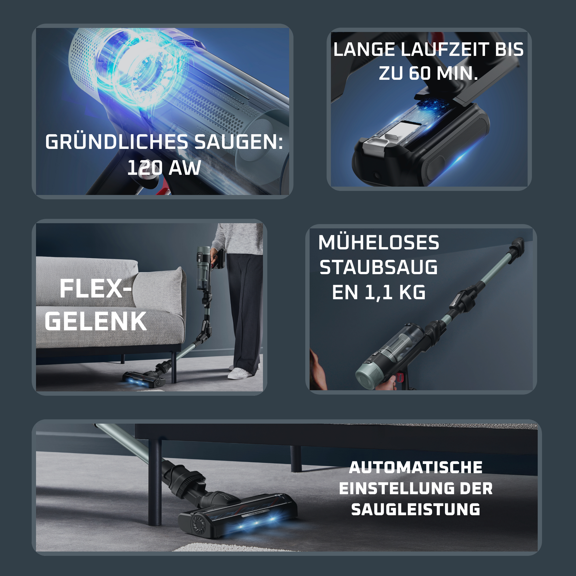 Produktbilder für Staubsauger: Saugkraft, Akkulaufzeit, Flexibilität & Gewicht.