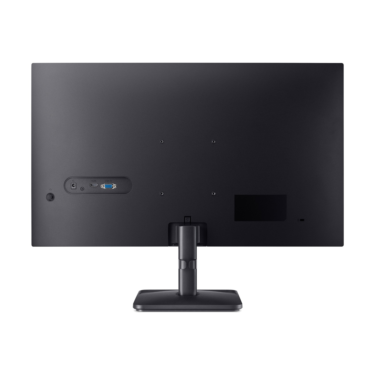 Retro di un monitor nero con porte come HDMI e VGA. Stand collegato.