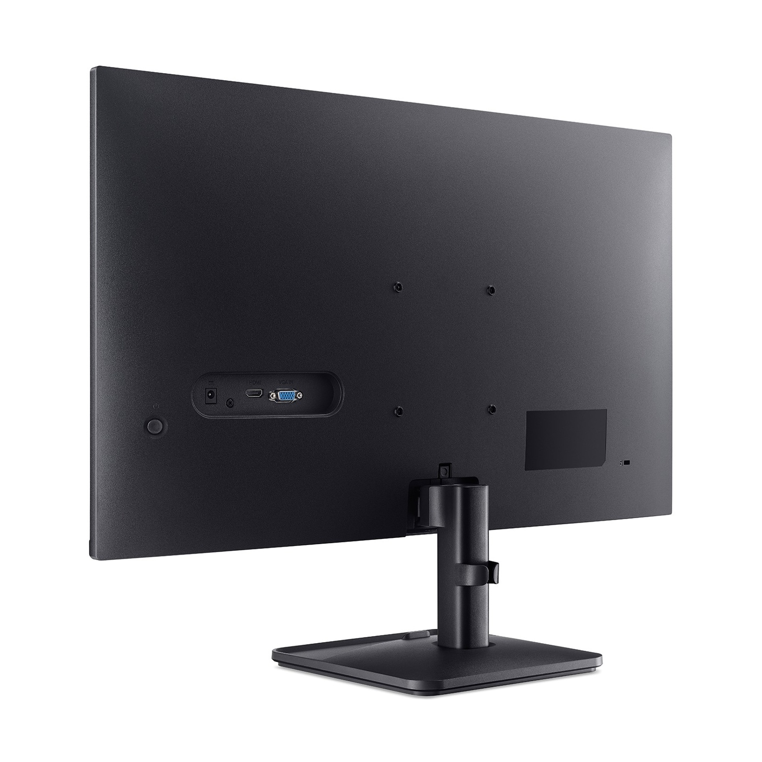 Retro di un monitor nero con porte e supporto.