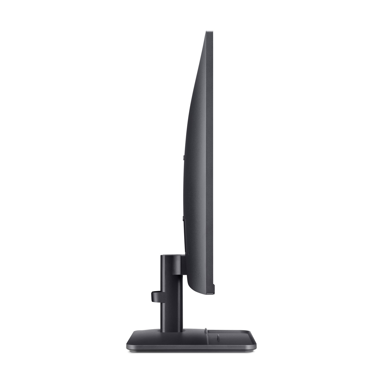 Vista laterale di un monitor nero con cornice sottile su un supporto.
