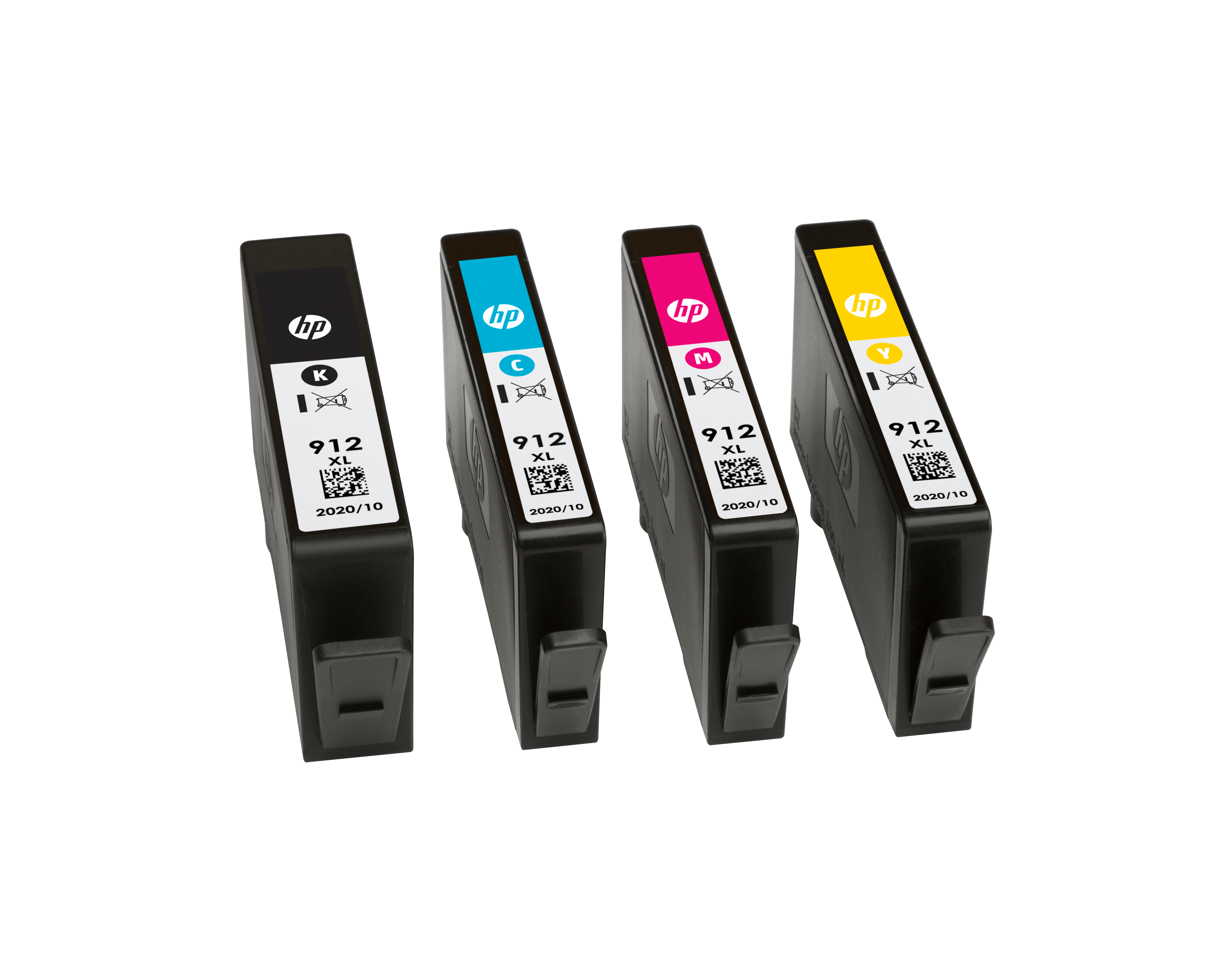 Four HP 912 XL ink cartridges: Black, Cyan, Magenta, Yellow.