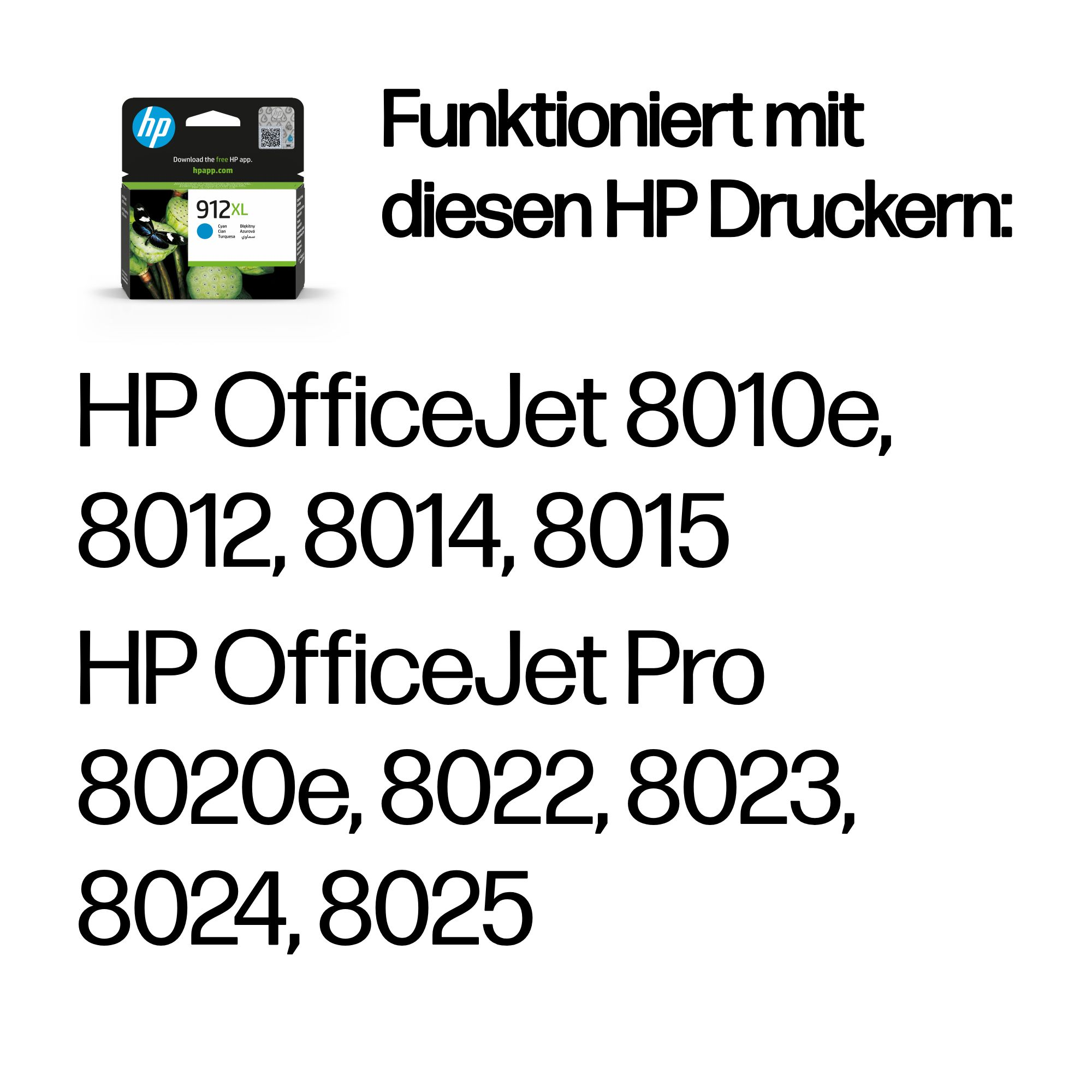 HP 912XL Cyan Tintenpatrone für HP OfficeJet Drucker 8010e, 8012, 8014, 8015, 8020e, 8022, 8023, 8024, 8025.