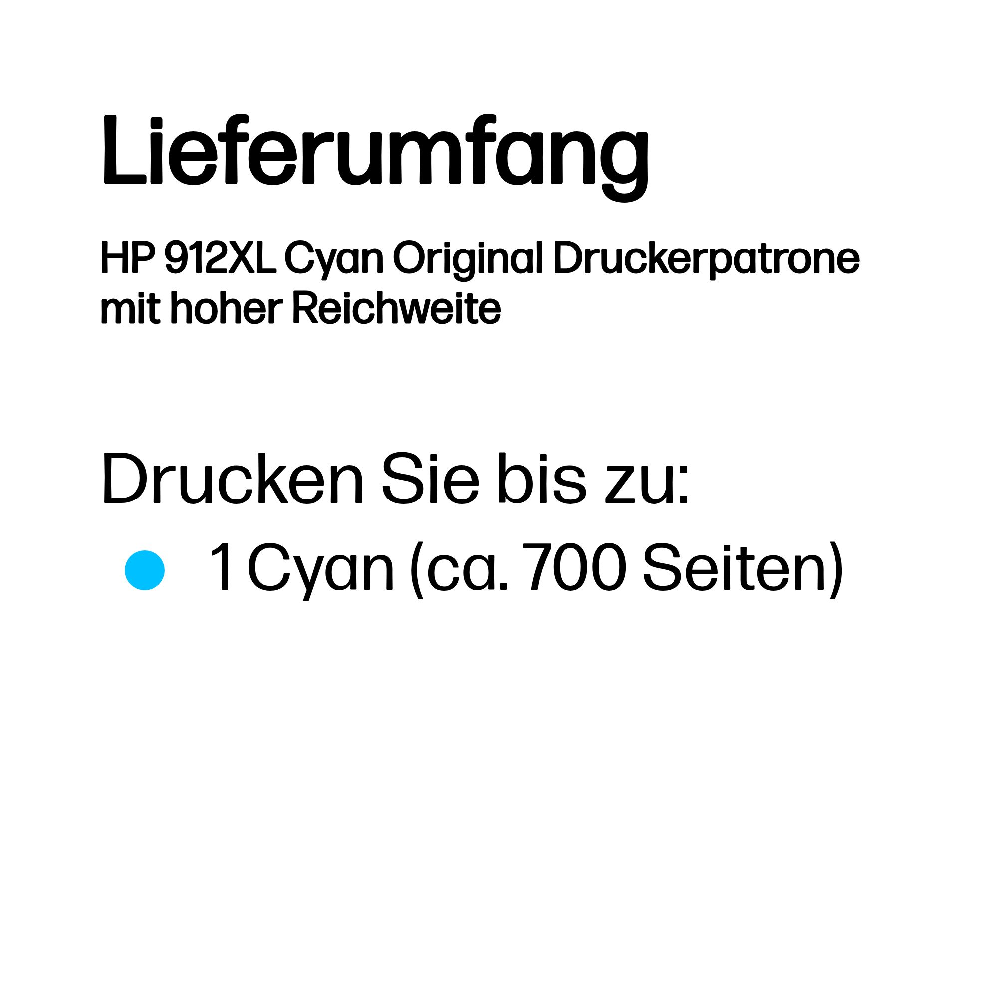 Lieferumfang: HP 912XL Cyan Druckerpatrone, ca. 700 Seiten.