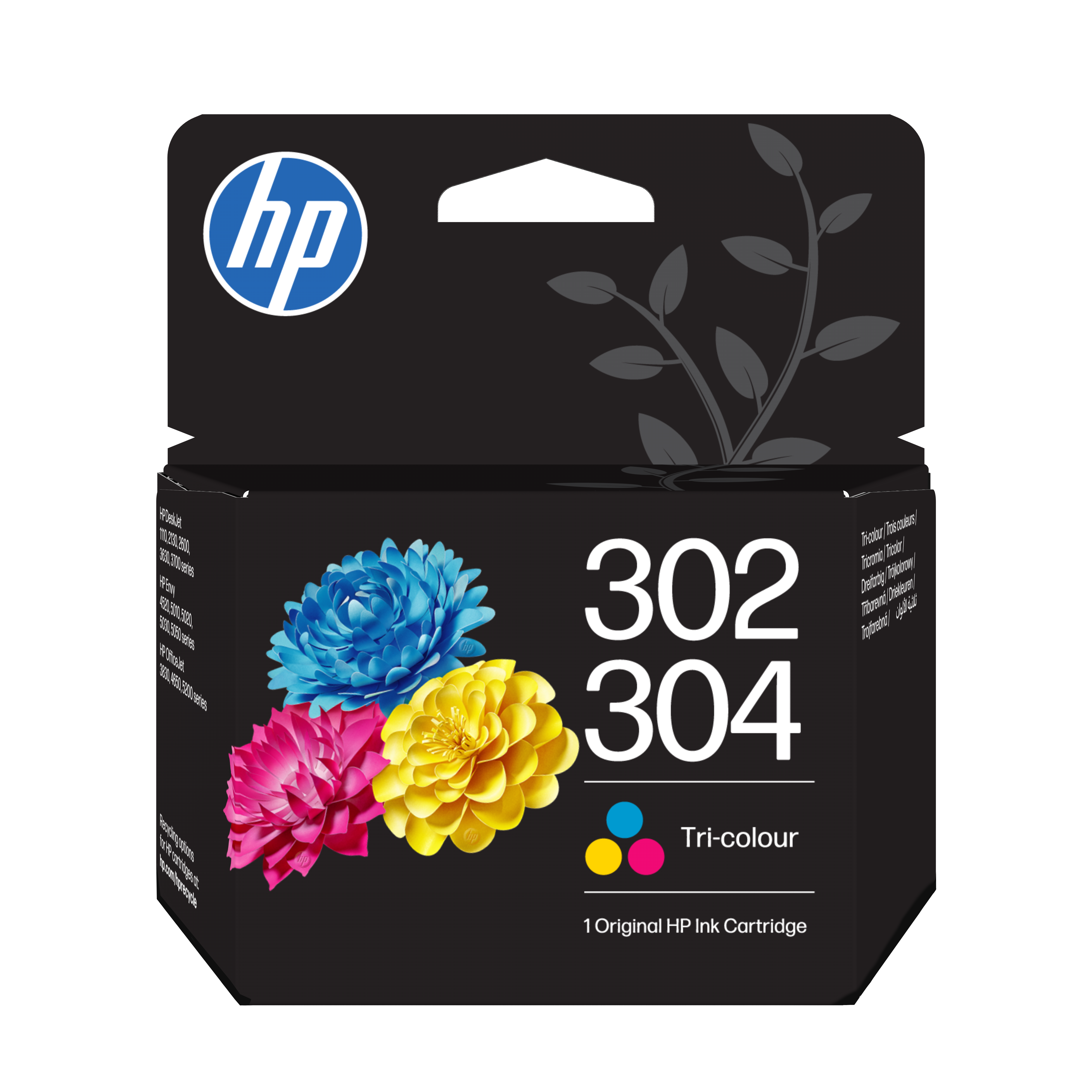 HP 302/304 Tri-color Tintenpatrone mit blauen, pinken und gelben Blumen auf schwarzem Karton.