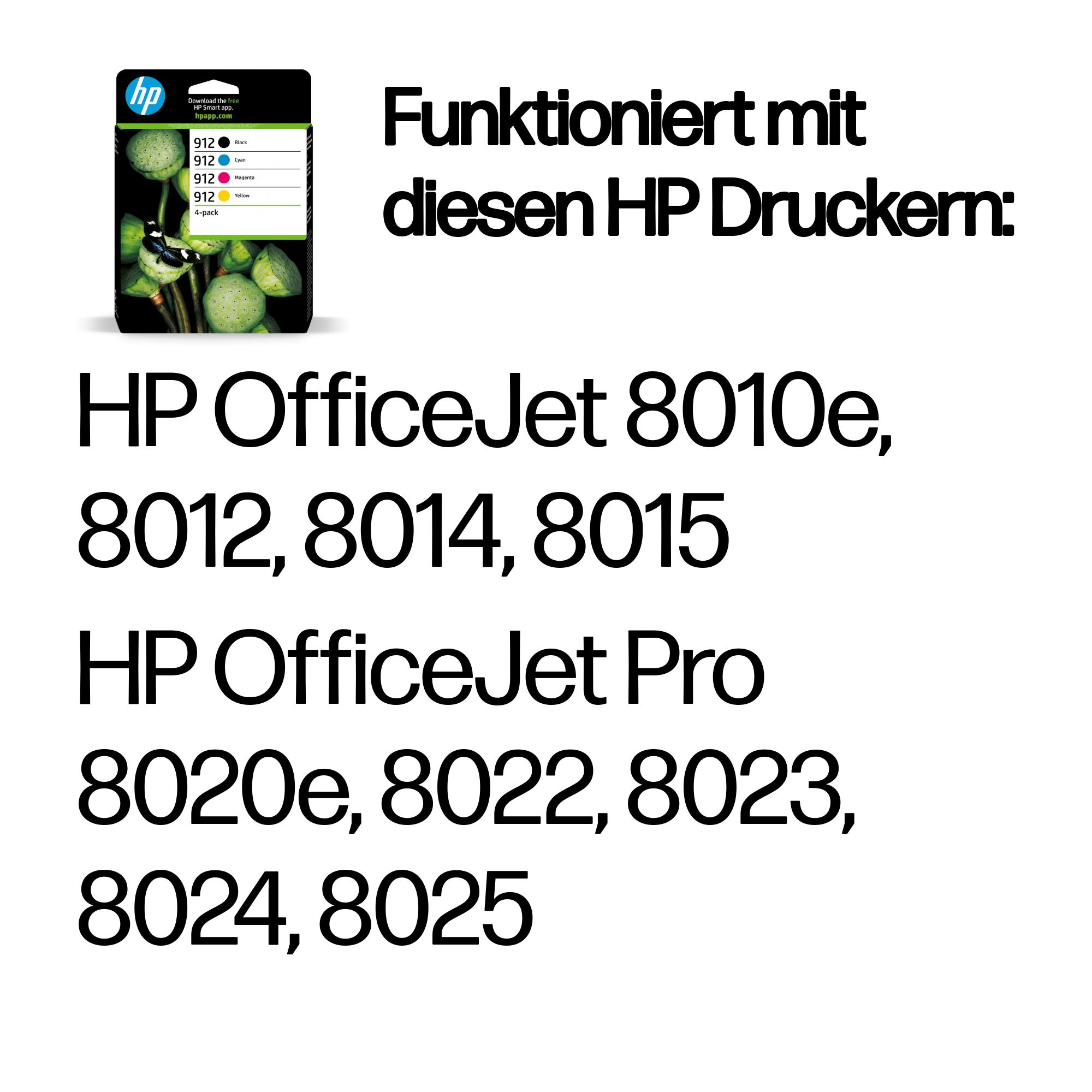 HP 912 Tintenpatronen-4er-Pack mit Schmetterling auf Lotus. Funktioniert mit HP OfficeJet Druckern.