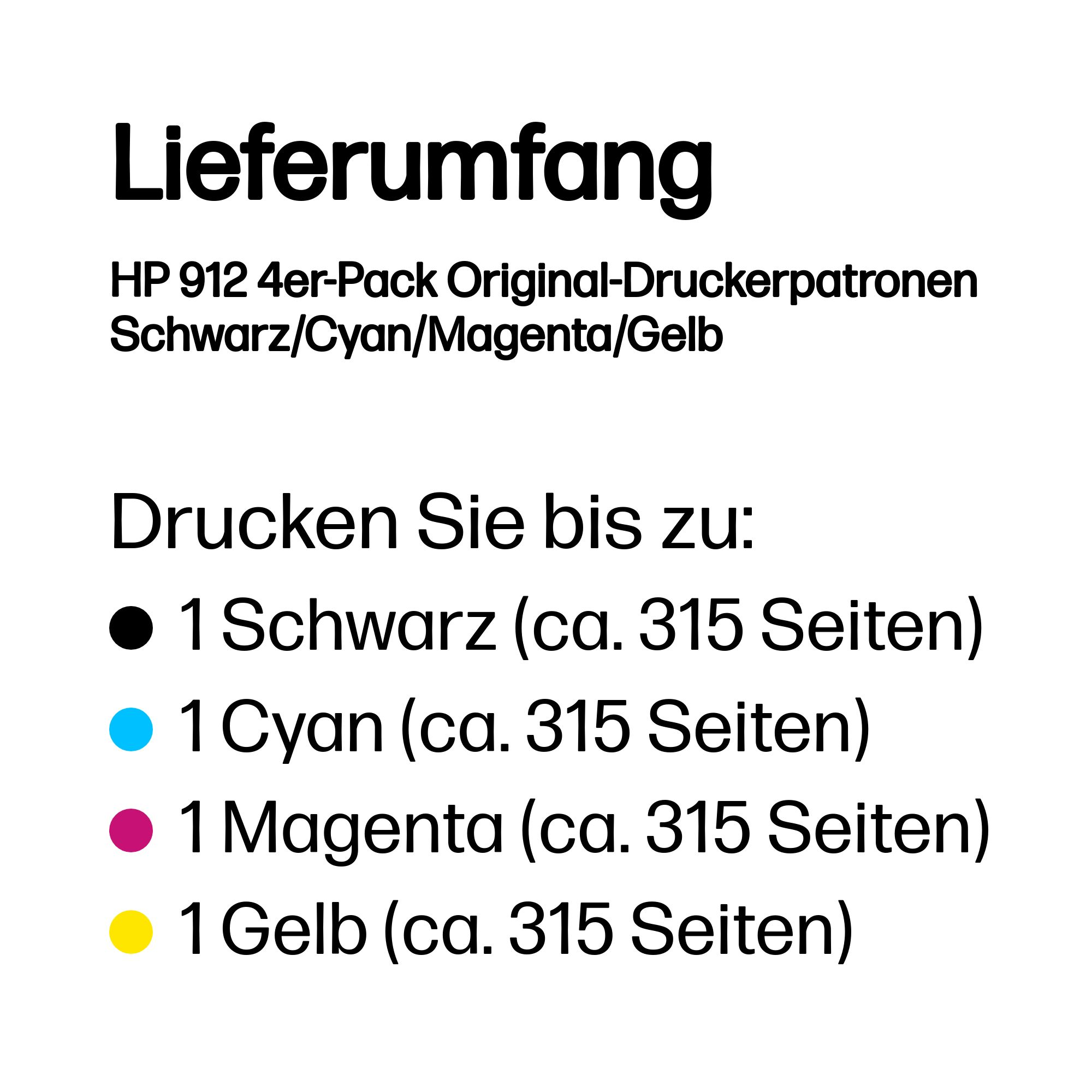 Lieferumfang: HP 912 4er-Pack Druckerpatronen: Schwarz, Cyan, Magenta, Gelb.