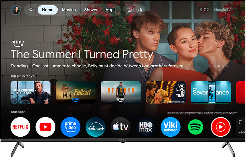 Egy TV-képernyőn a Google TV kezdőlapja látható filmplakátokkal és alkalmazásikonokkal.
