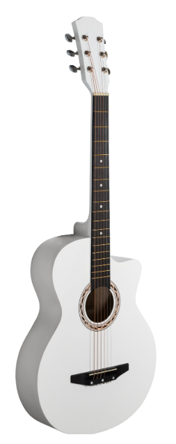 Biała gitara akustyczna z sześcioma strunami, ciemną podstrunnicą i rozetą.