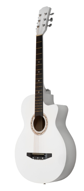 Biała gitara akustyczna z sześcioma strunami i ciemną podstrunnicą.