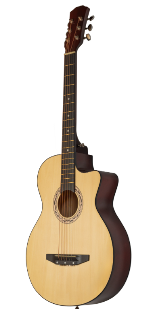 Gitara akustyczna z jasnym korpusem i ciemną szyjką na białym tle.