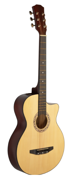 Gitara akustyczna z jasnym korpusem i ciemną szyjką, na białym tle.