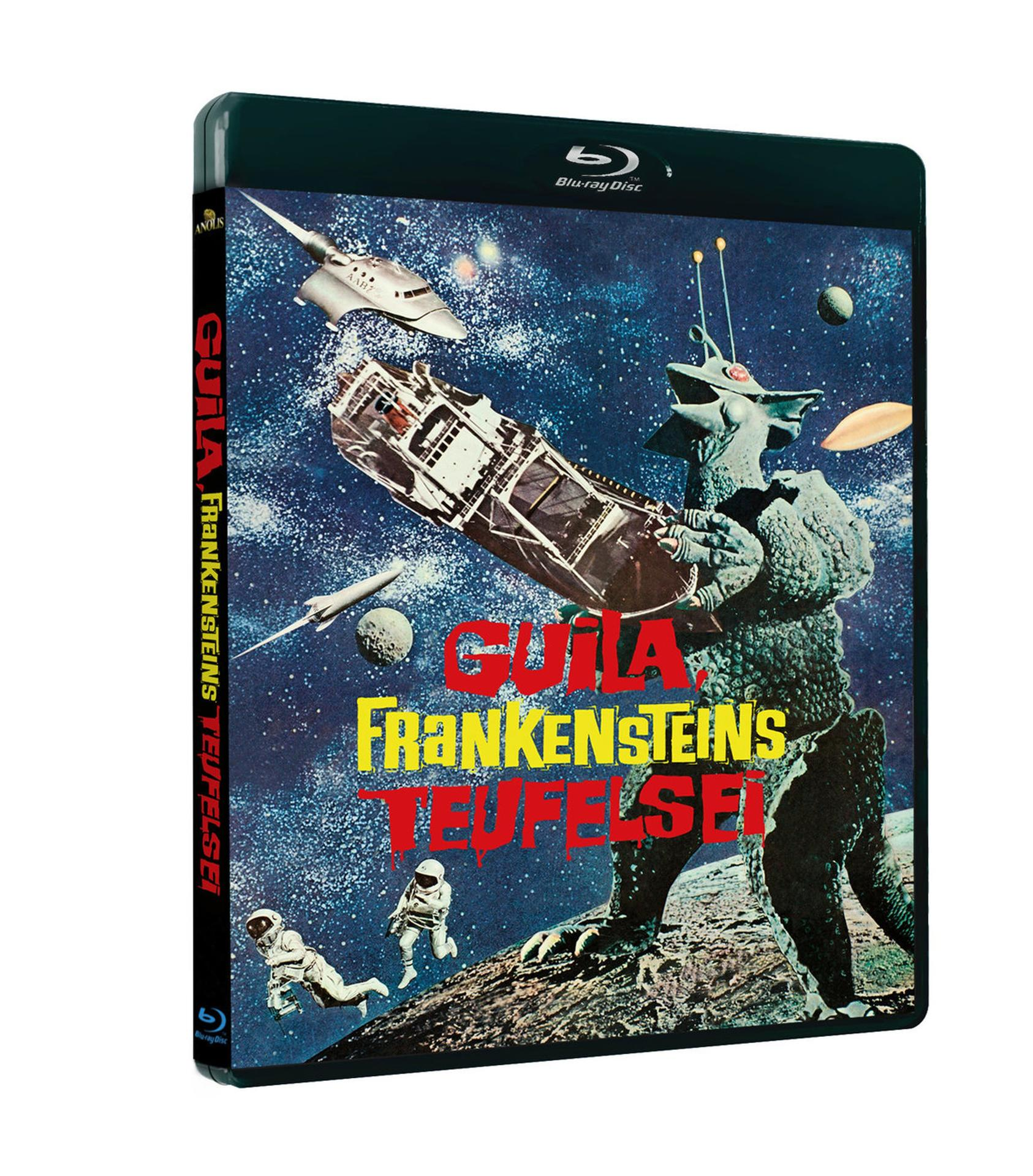 Ein Monster hält ein Raumschiff im Weltraum, Astronauten schweben.