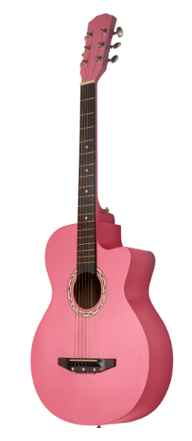 Różowa gitara akustyczna z sześcioma strunami, białym pickguardem i srebrnymi kluczami.