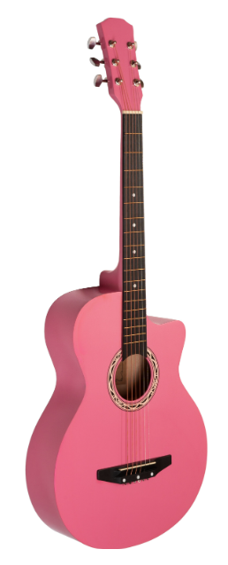 Różowa gitara akustyczna z sześcioma strunami i wcięciem.