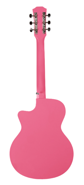 Różowa gitara akustyczna widziana od tyłu ze srebrnymi kluczami.