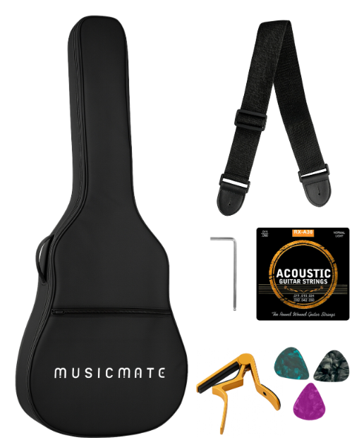 Czarny futerał na gitarę z akcesoriami: pasek, struny, kostki, kapodaster i klucz imbusowy.