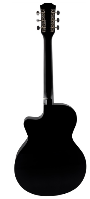 Czarna gitara akustyczna z tyłu, pokazująca klucze i gryf.