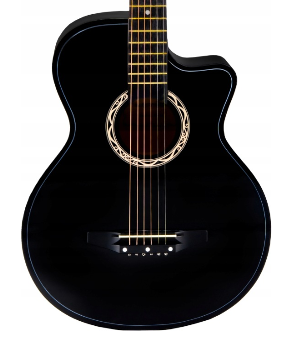 Czarna gitara akustyczna z sześcioma strunami i ozdobnym otworem rezonansowym.