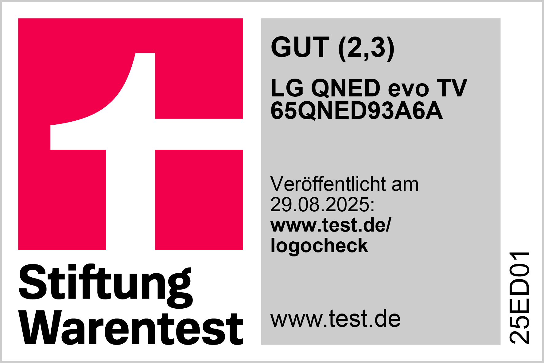 Stiftung Warentest Logo mit LG TV-Testdetails. Gut (2,3).