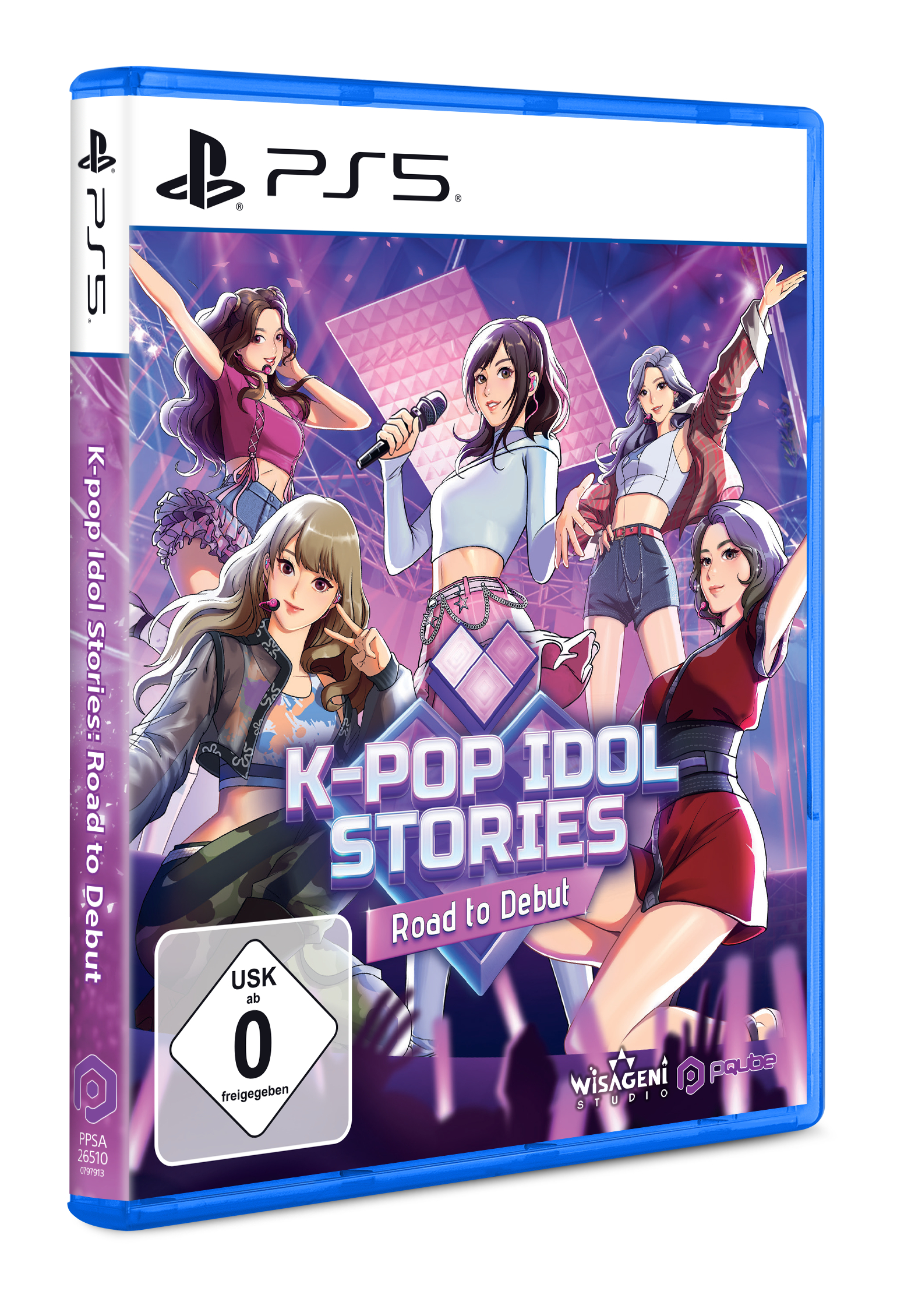 PlayStation 5 Spielhülle mit 5 K-Pop-Idolen vor einem violetten, glitzernden Hintergrund.