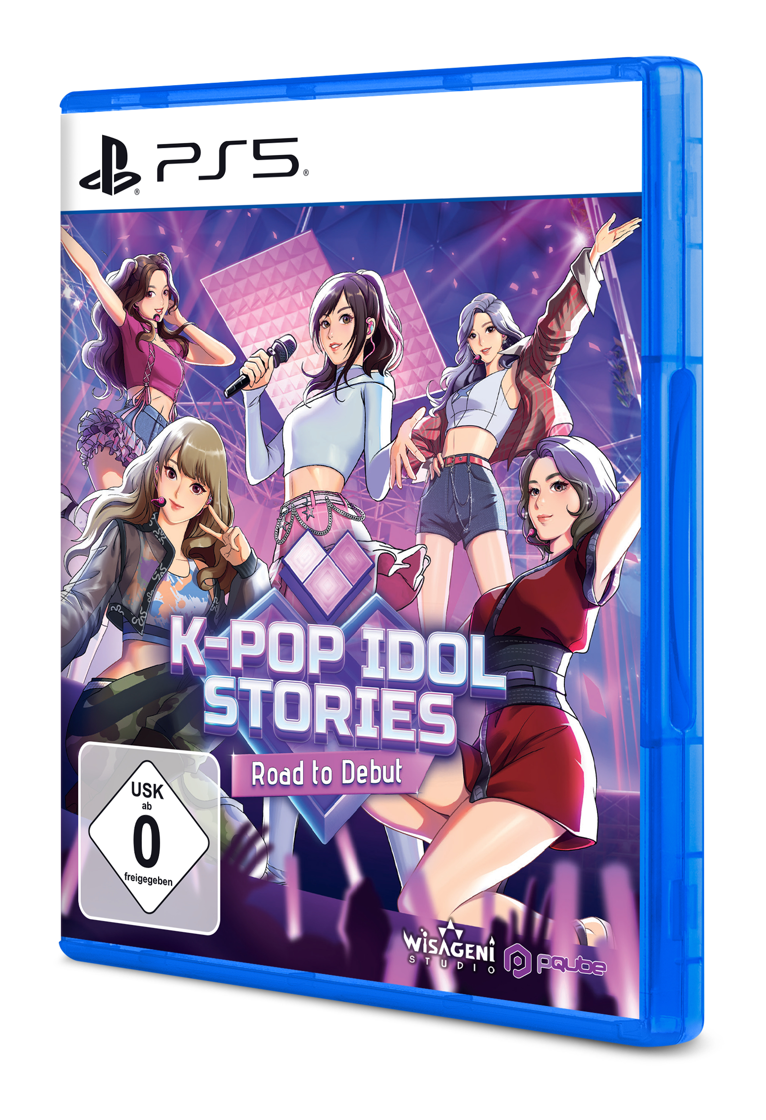 PS5 Spielhülle mit 5 K-Pop-Idolen auf der Bühne, Titel: K-Pop Idol Stories.