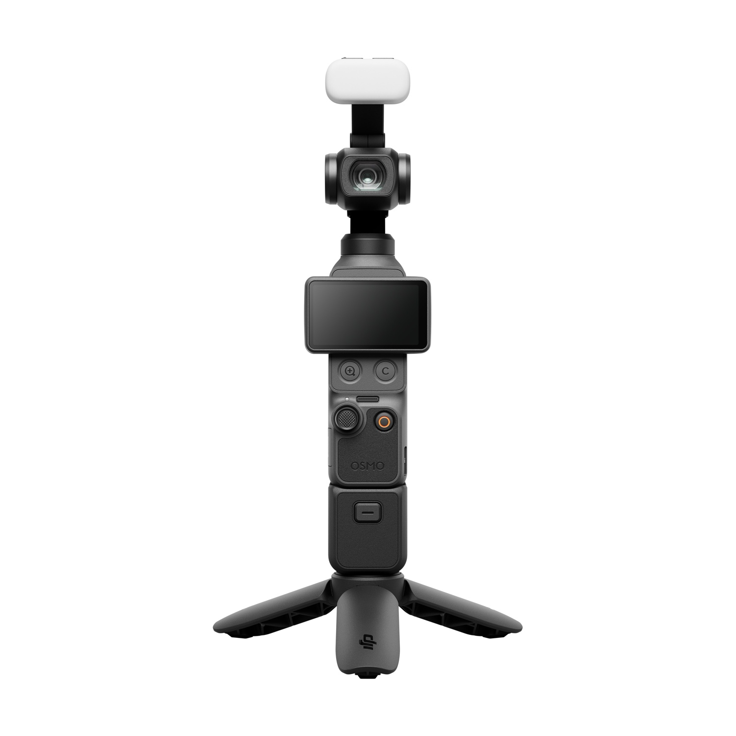 Un gimbal nero con fotocamera, schermo e treppiede. Luce bianca in alto.