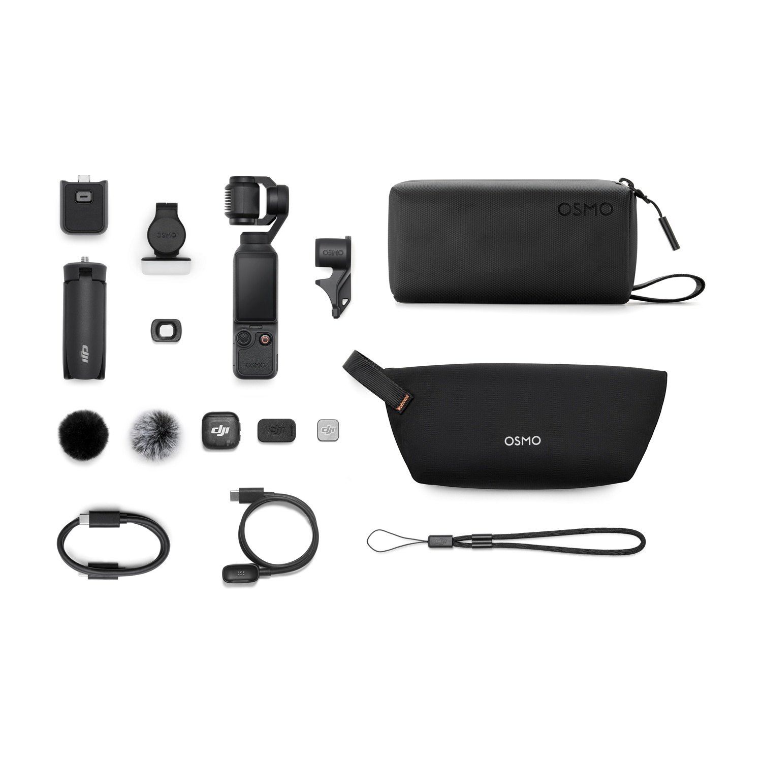 Accessori Osmo: gimbal, microfoni, cavi, custodie e altro su sfondo bianco.