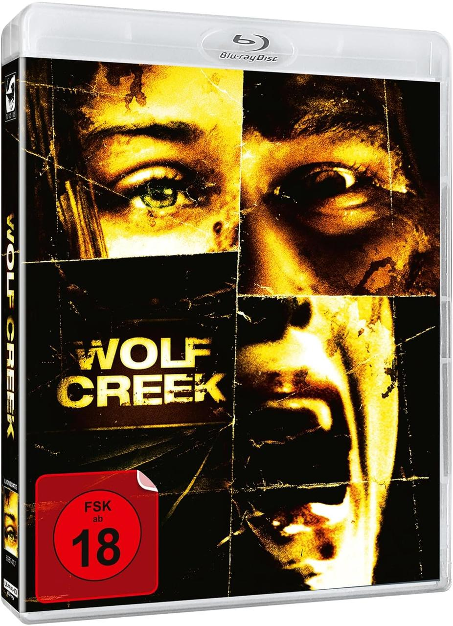 Blu-ray Cover: Collage von vier schreienden Gesichtern, Titel "Wolf Creek", FSK 18.