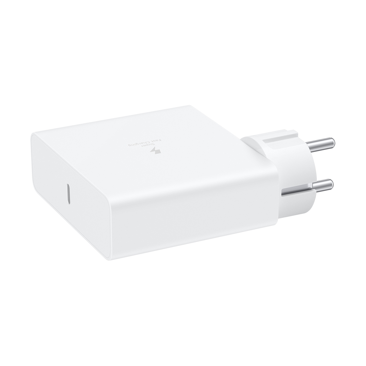 Un alimentatore bianco Super Fast Charging con due pin e una fessura.