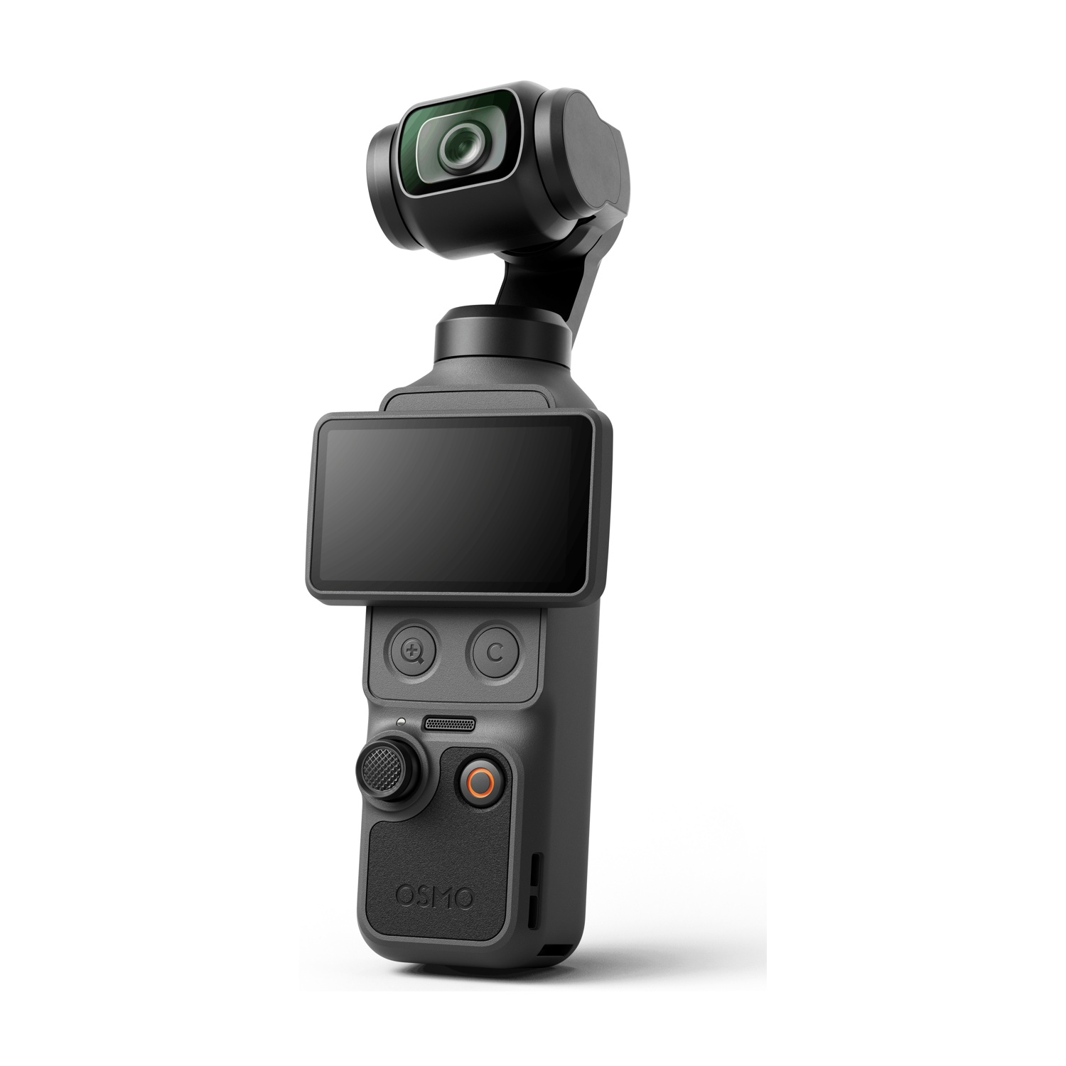 Un gimbal nero con fotocamera e schermo, su sfondo bianco.