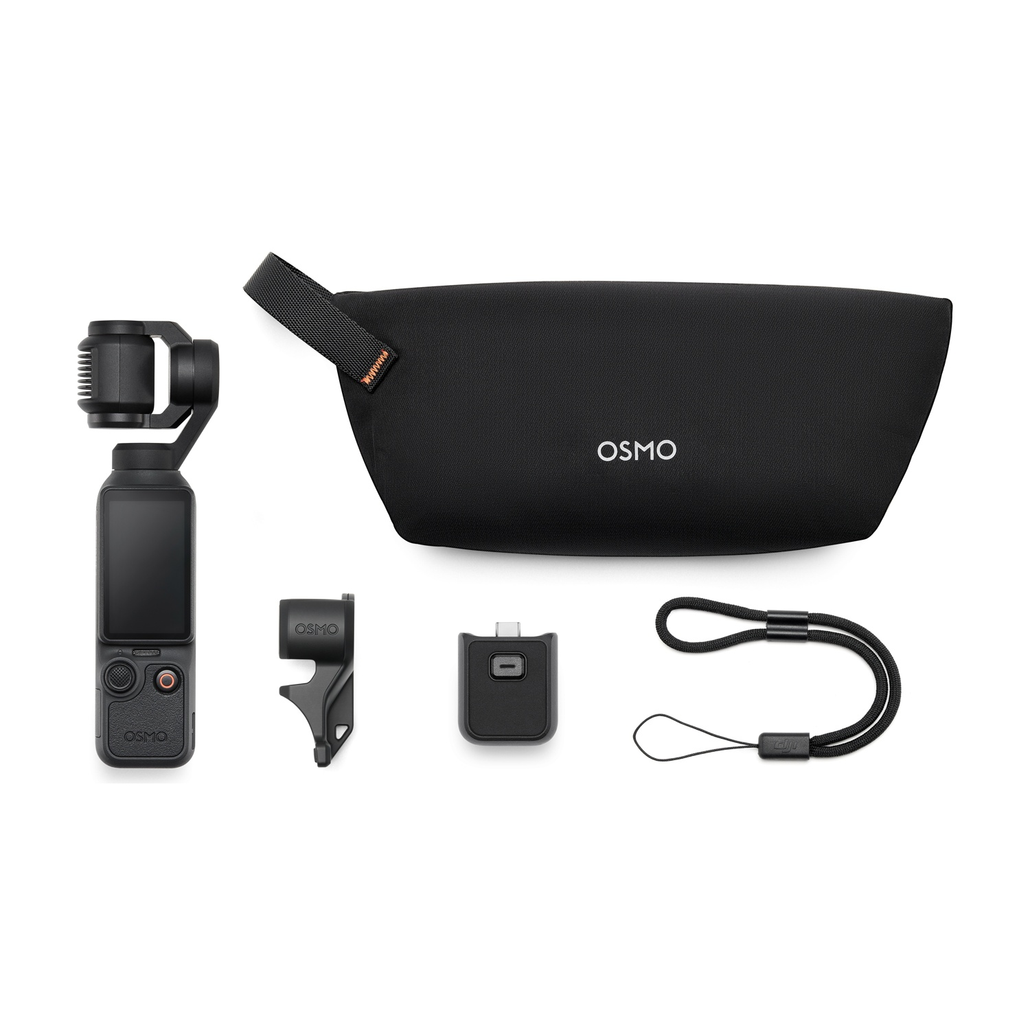 Un gimbal nero, borsa, supporto, adattatore e laccetto da polso su sfondo bianco.