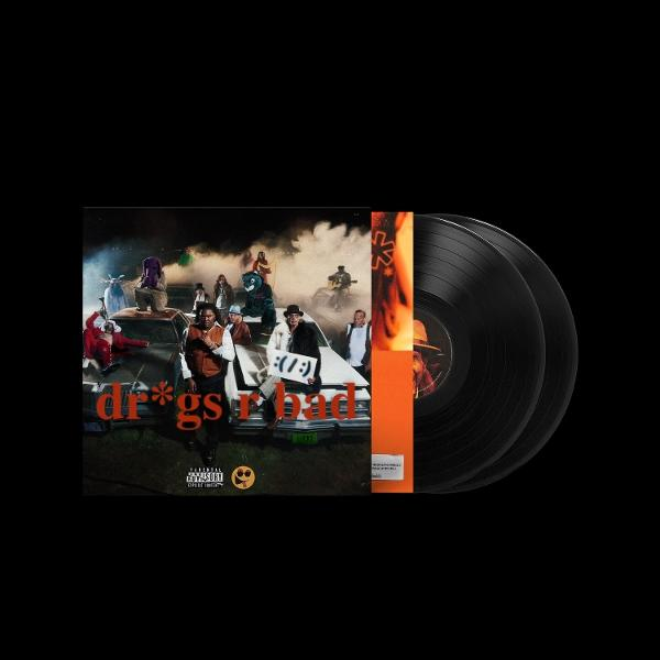 Albumcover mit Leuten und Autos; "dr*gs r bad" Schriftzug.