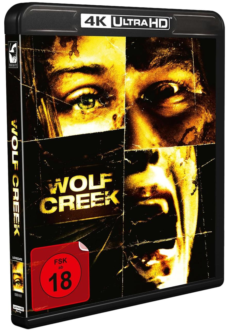 Filmcover von Wolf Creek mit vier Gesichtern, Titel und FSK 18 Siegel.