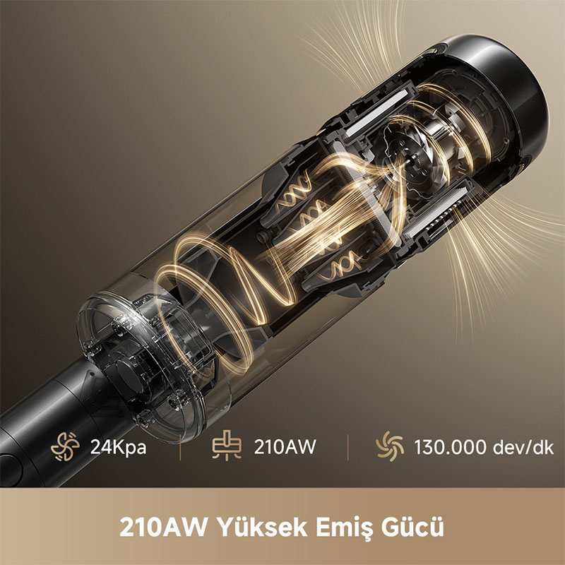 Motor, filtreler ve hava akışını gösteren elektrikli süpürge parçası kesit görünümü.