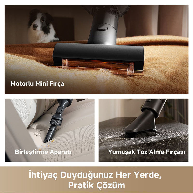 Köpek mini fırçanın tozunu süpürdüğünü izliyor. Araba içi ve taş yüzey temizliği.