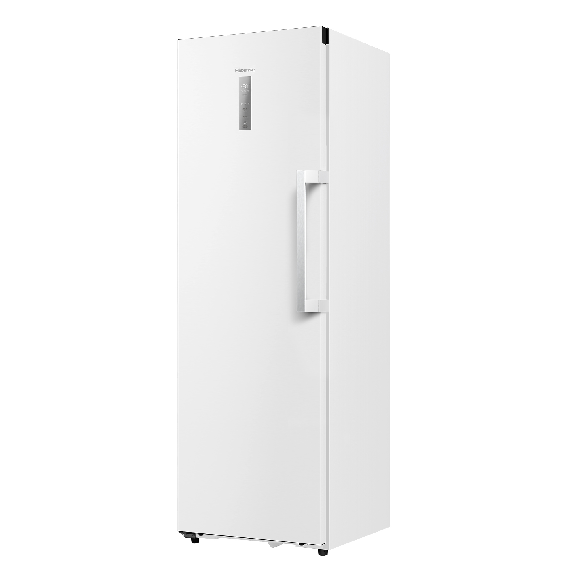 Un congelador Hisense blanco con asa plateada y panel de pantalla digital.