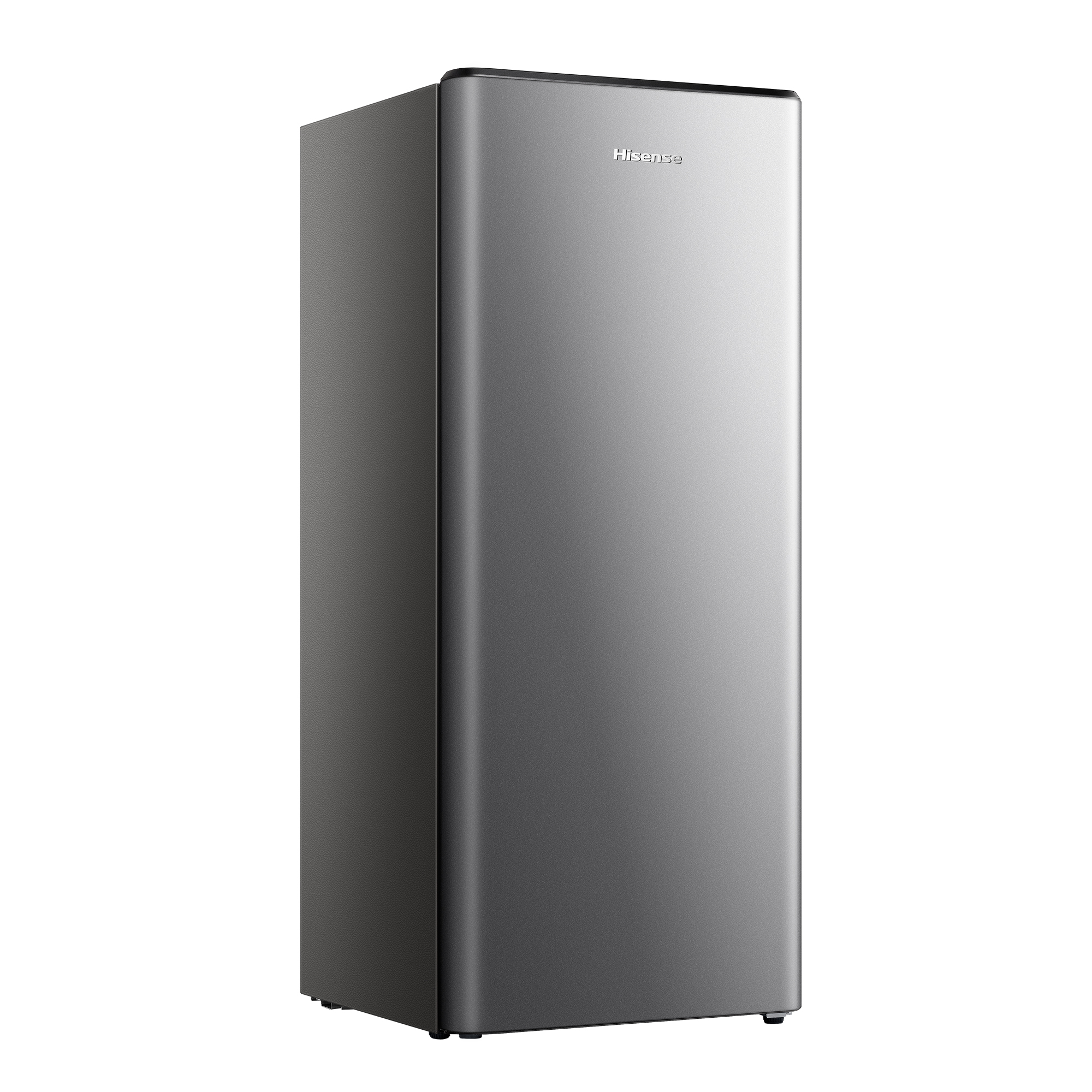 Un refrigerador Hisense alto y delgado, plateado, sobre fondo blanco.