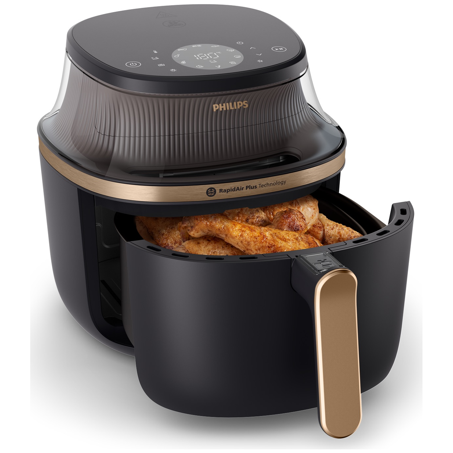 Zwarte Philips airfryer met gouden handvat, gevuld met gefrituurde kip.