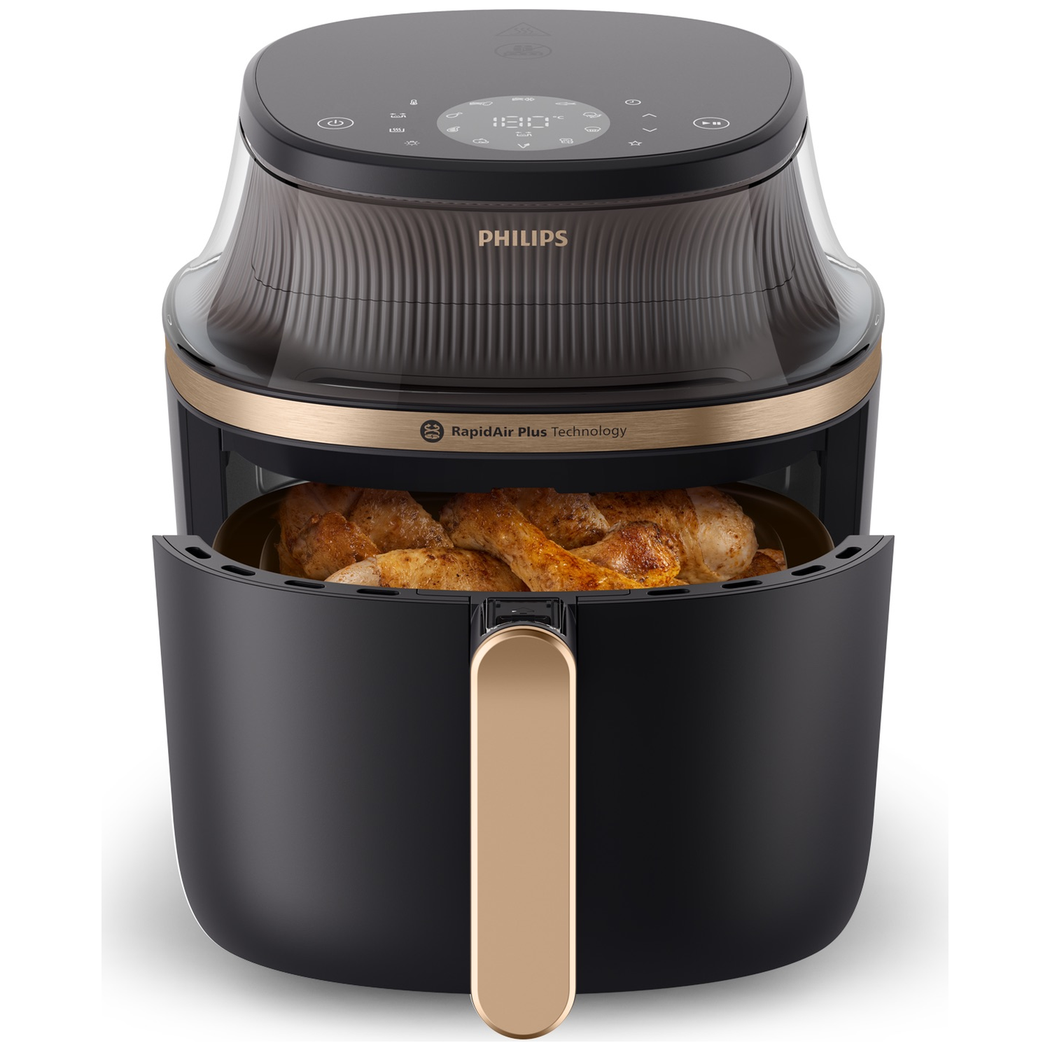 Zwarte Philips airfryer met gebraden kip en digitaal display.