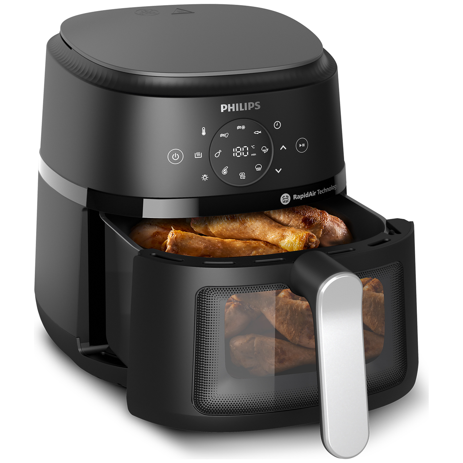 Black Philips air fryer with cooked chicken legs in the basket.