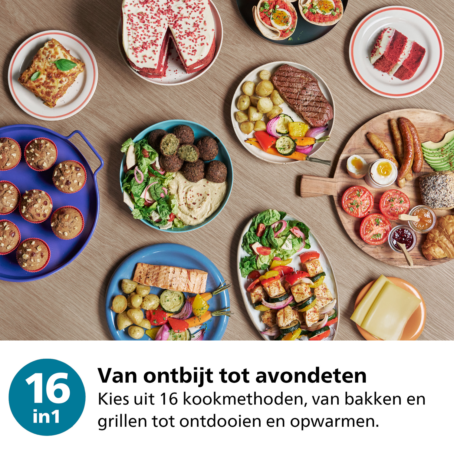 Diverse gerechten zoals taart, lasagne, muffins, steak en vis.