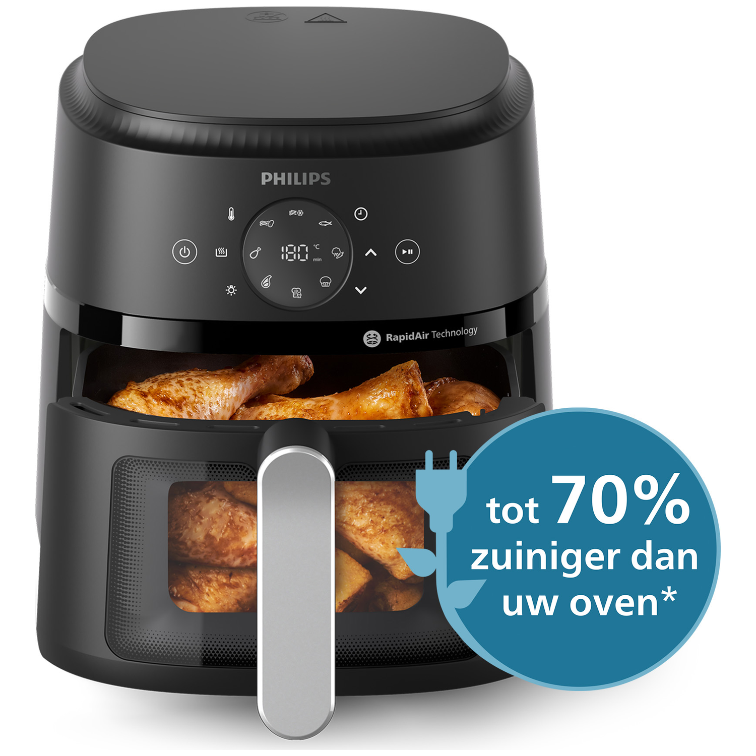 Black Philips air fryer with fried chicken pieces and a savings icon.