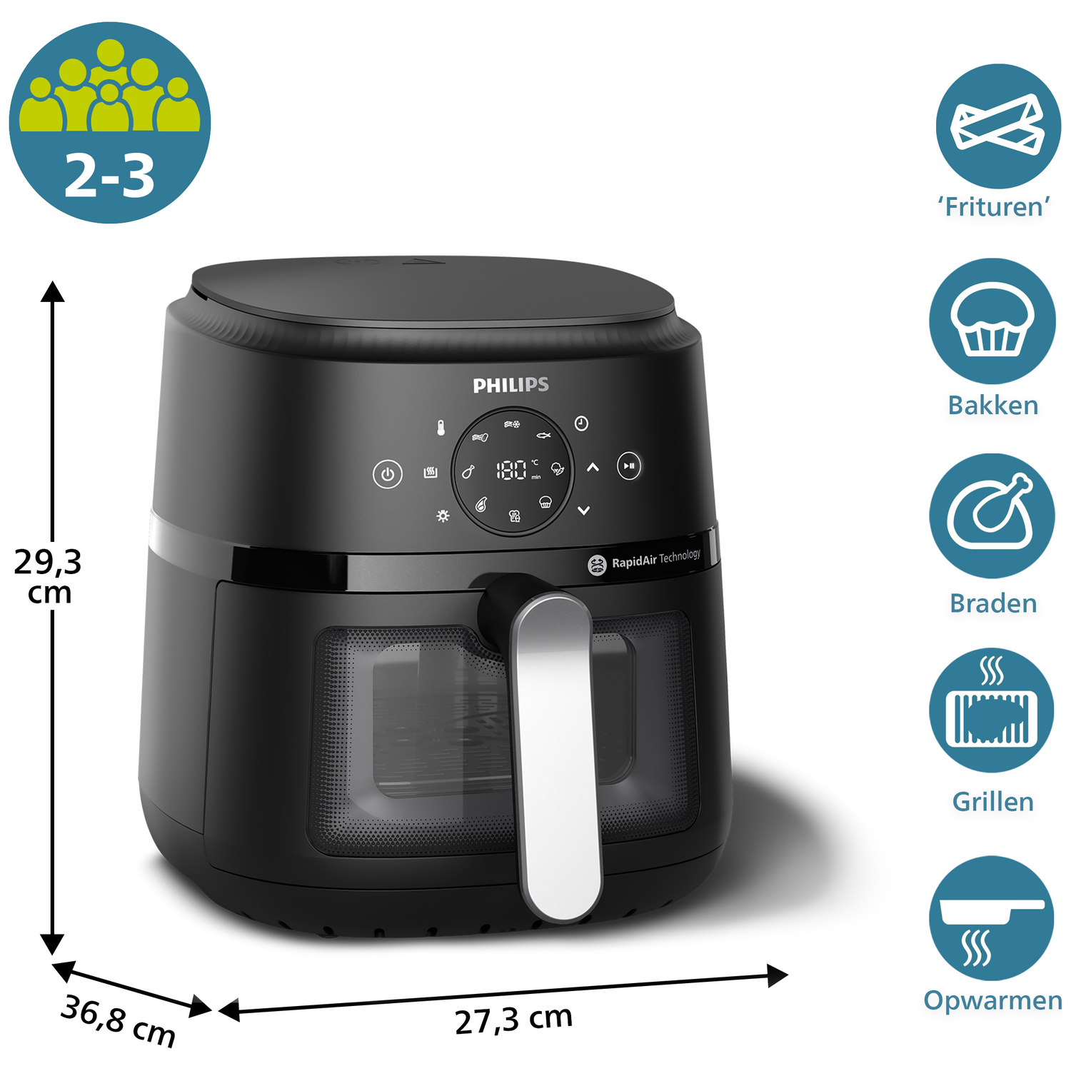 Black Philips air fryer with silver handle. Dimensions are shown.