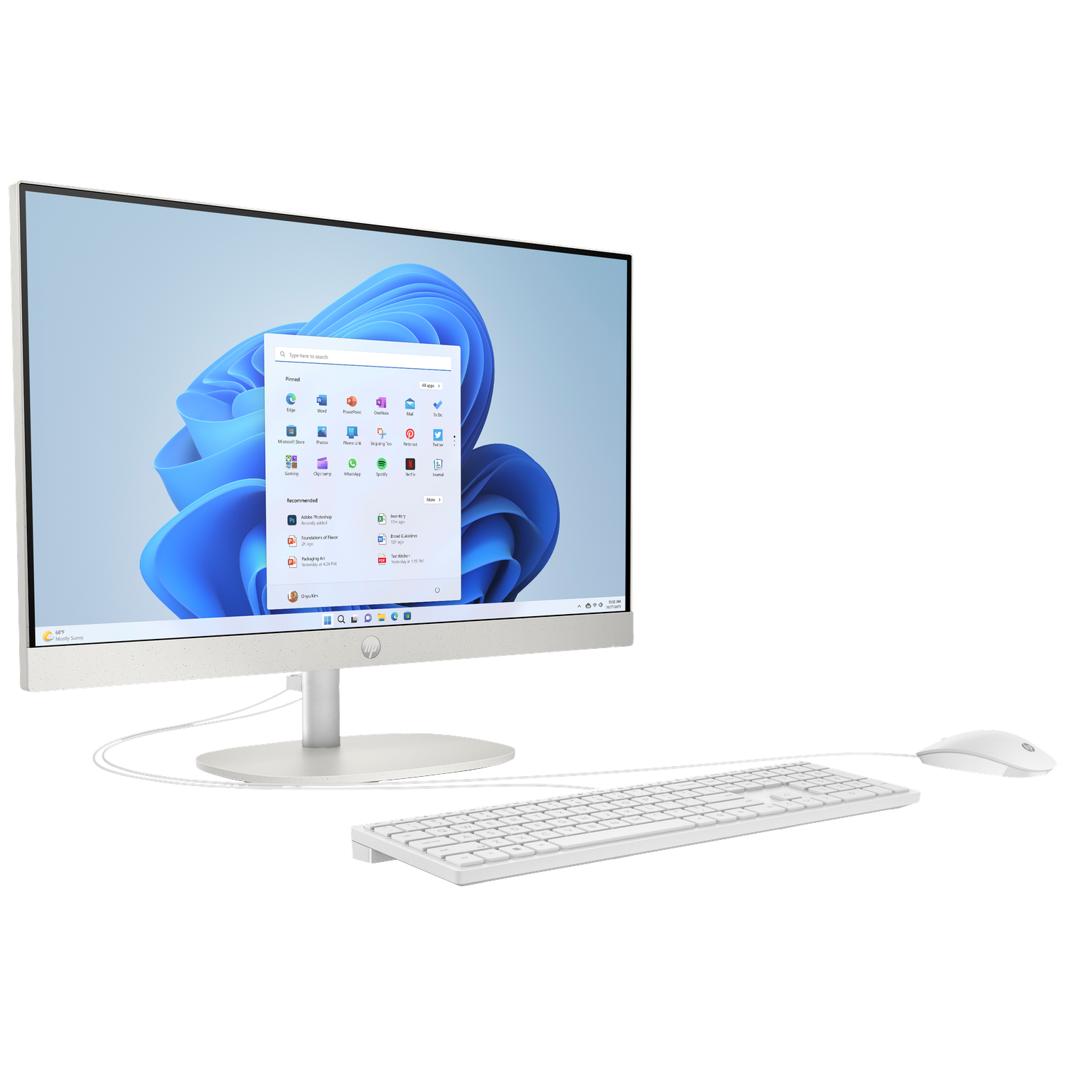 A white HP all-in-one desktop computer with a keyboard and mouse on a white surface.