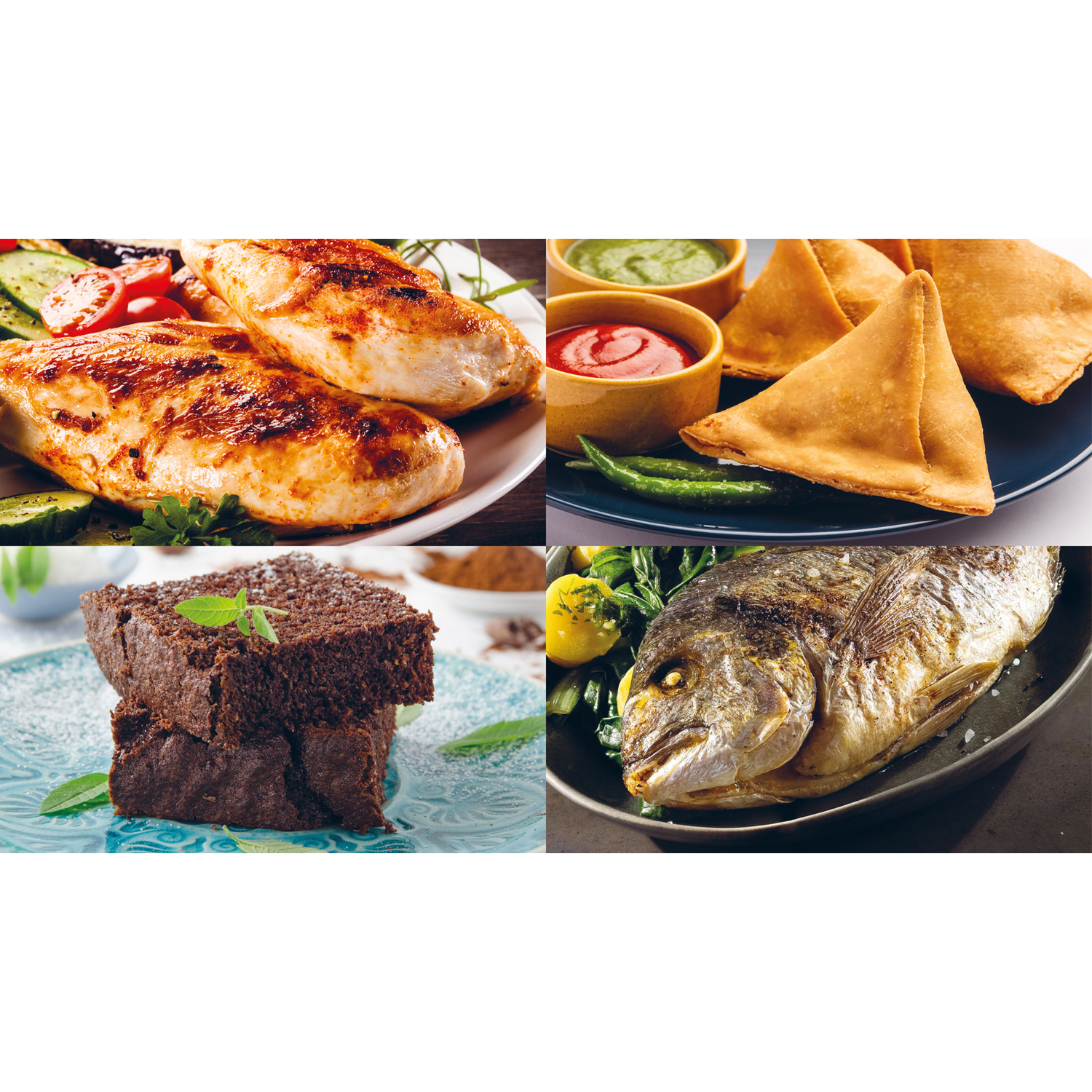 Four dishes: grilled chicken breast, samosas, brownie, and whole fish with vegetables.