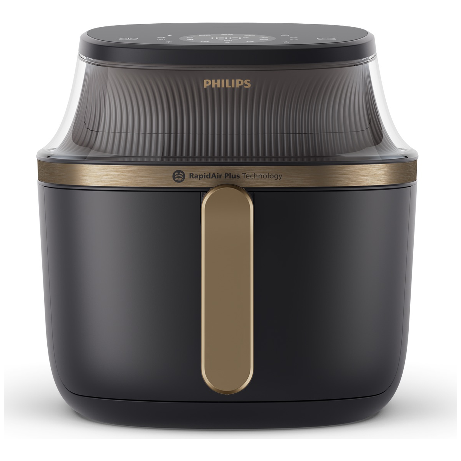 Zwarte Philips airfryer met een doorzichtig bovenstuk en gouden accenten.