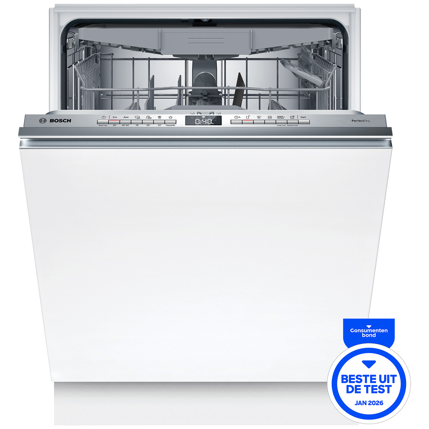 Een open witte Bosch vaatwasser met zilver bedieningspaneel en display.