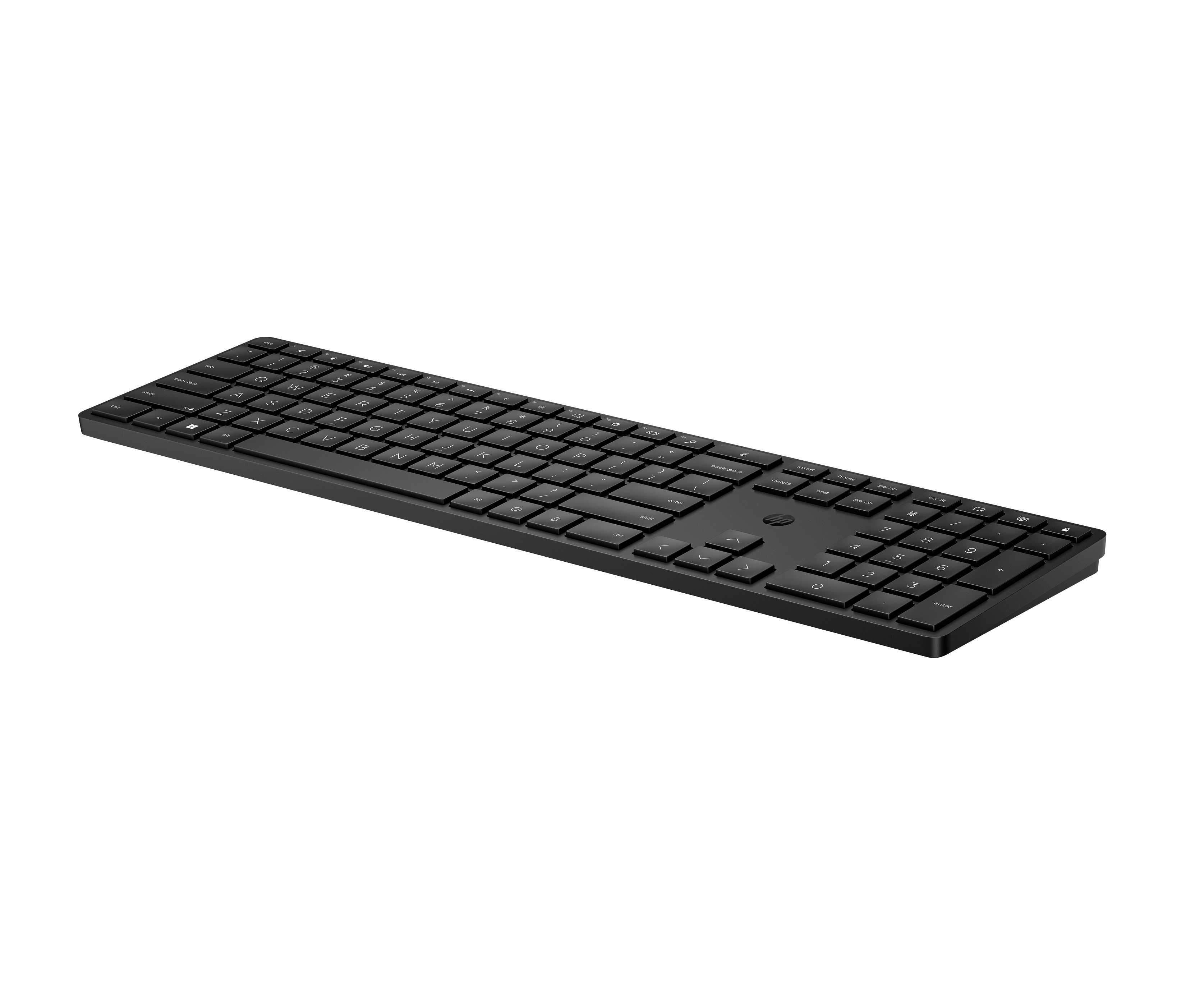 Eine schwarze Tastatur mit Ziffernblock auf schwarzem Hintergrund.
